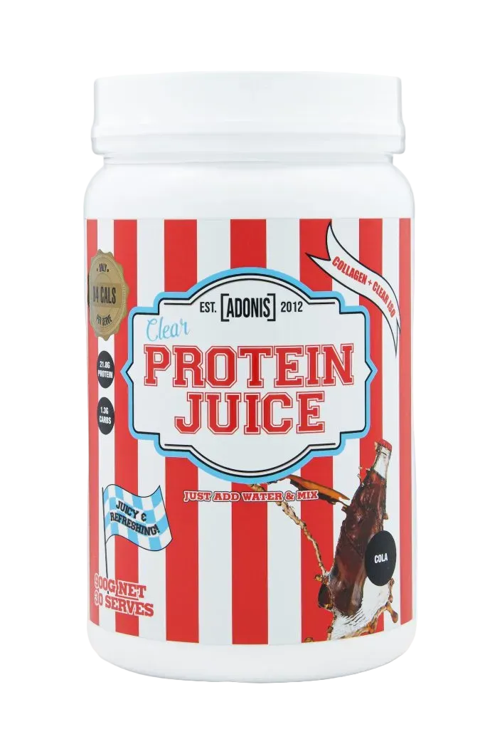 Protein powder container labeled 'Protein Juice' with red and white striped design on a white background